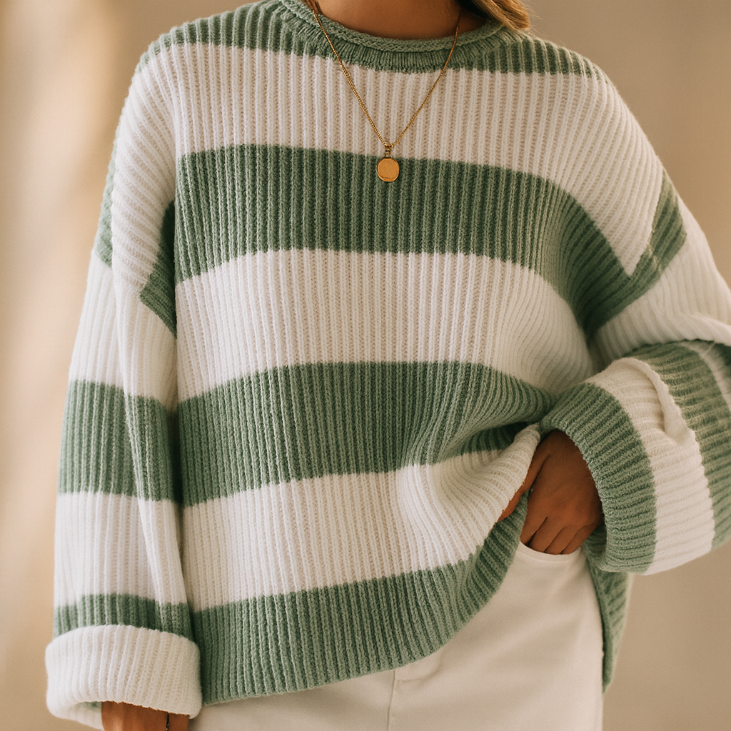Maglione donna a righe colorate, ideale per un look rilassato. Abbigliamento casual con stile comodo.