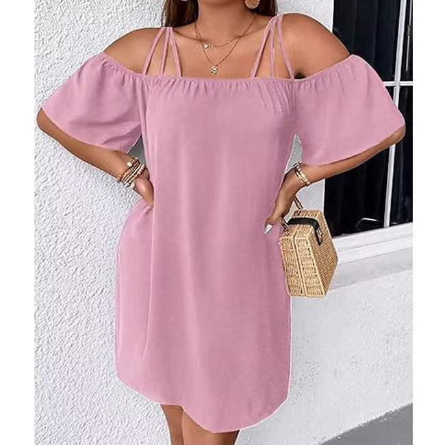 Mini abito da donna con design a spalle scoperte e spalline sottili, un capo estivo indispensabile.