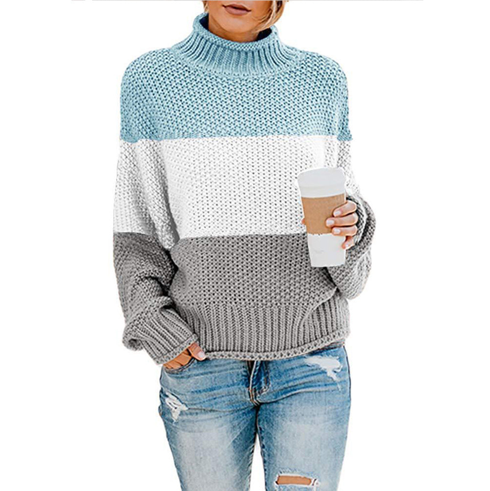 Maglione a collo alto da donna, design moderno con blocchi di colore e maniche lunghe. Ideale per look invernali.