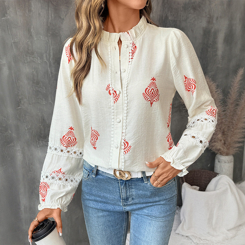 Camicia donna manica lunga con stampa etnica e colletto alla coreana, perfetta per un look casual chic.