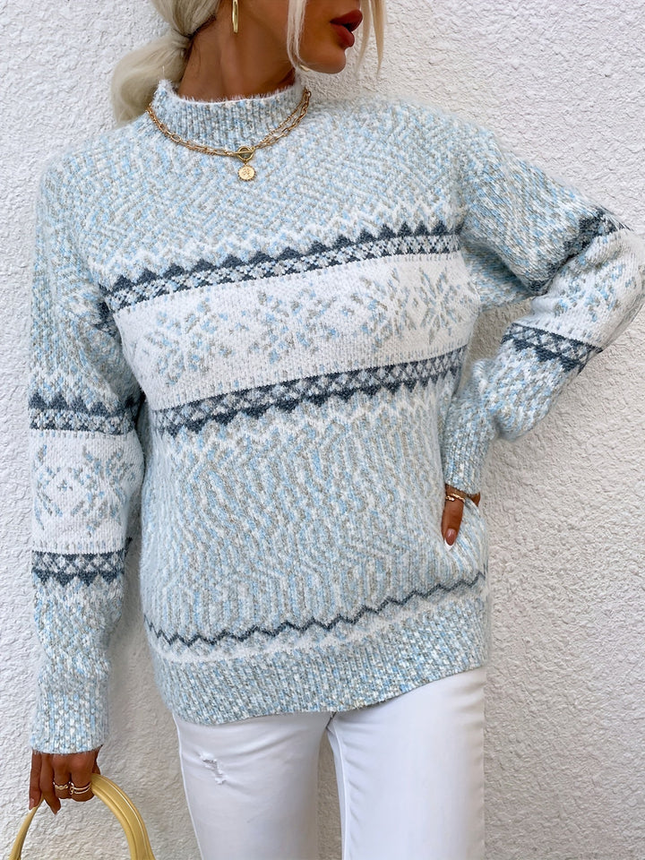 Maglia donna blu collo alto, fiocchi di neve, calda e versatile per il tuo guardaroba invernale.