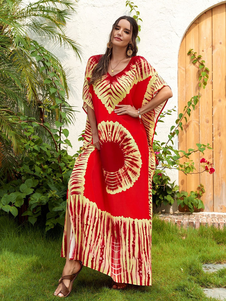 Abito da donna lungo, stampa botanica, scollo a V, perfetto per gite estive e passeggiate.