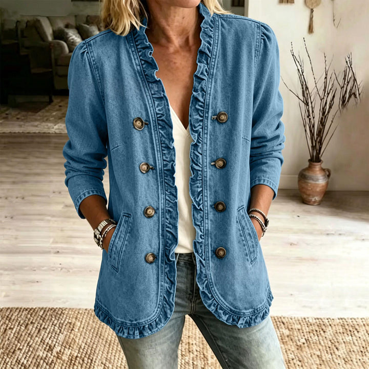 Giacca di jeans donna casual con balza, ideale per un look quotidiano e moderno.