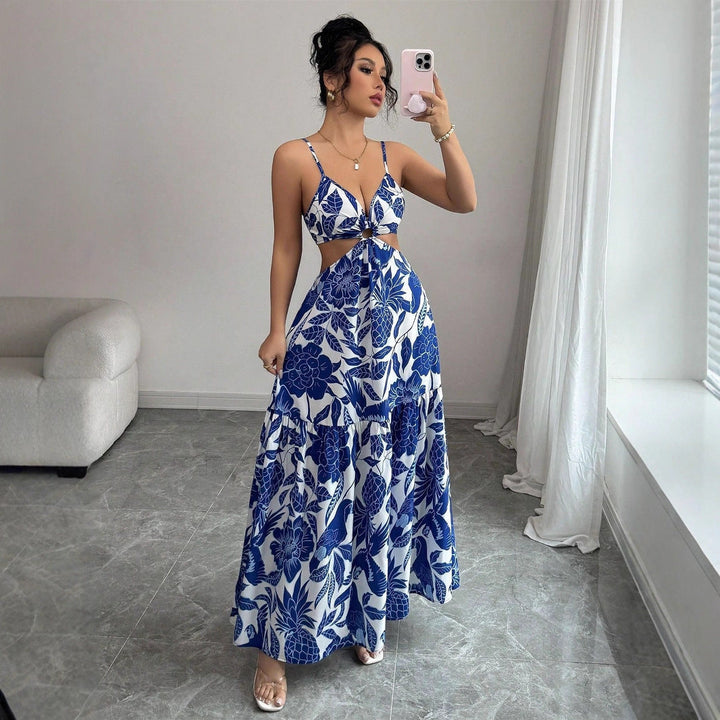 Abito lungo estivo donna elegante blu zaffiro con scollo all'americana e stampa floreale, ideale per vacanze.