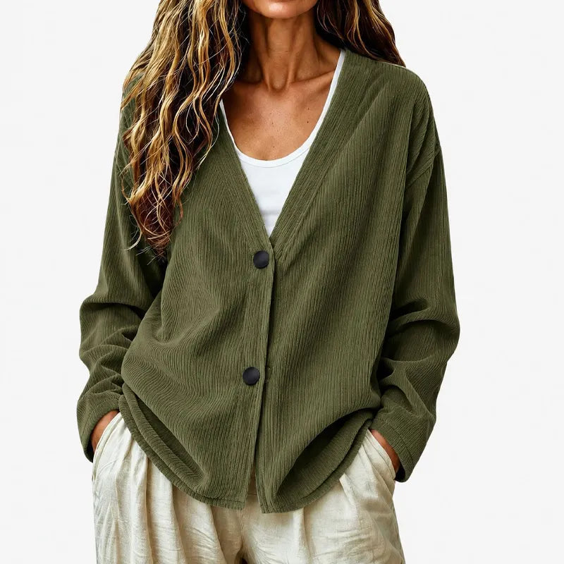 Cardigan oversize moda donna, a coste e scollo a V. Con bottoni, perfetto per outfit primaverili.