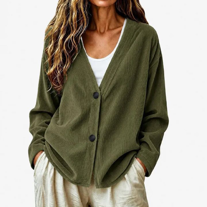Cardigan oversize moda donna, a coste e scollo a V. Con bottoni, perfetto per outfit primaverili.