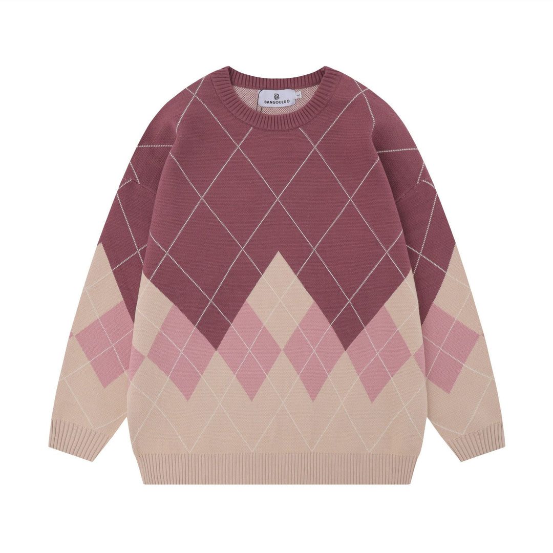 Pullover donna ampio con maglia a rombi e scollo tondo, in rosso scuro. Ideale per abbigliamento casual.