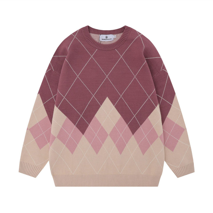 Pullover donna ampio con maglia a rombi e scollo tondo, in rosso scuro. Ideale per abbigliamento casual.