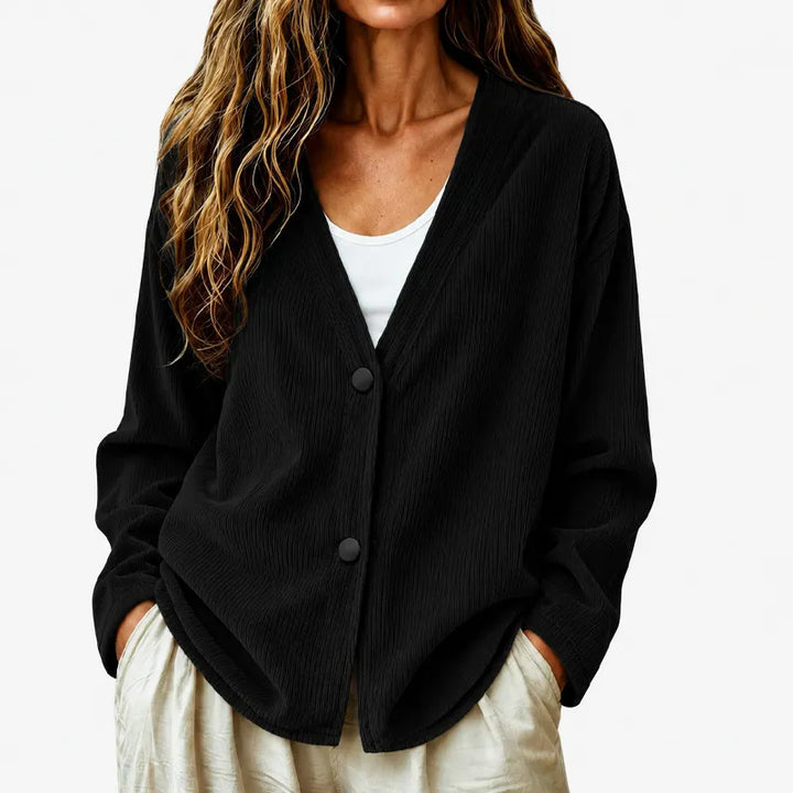 Cardigan donna elegante a coste, scollo a V e bottoni. Perfetto per primavera/autunno.
