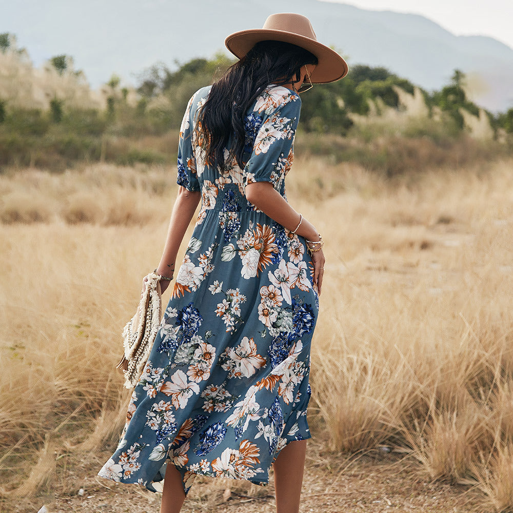 Vestito midi donna estivo con vita alta e gonna ampia, scollo a V e stampa floreale per comfort.