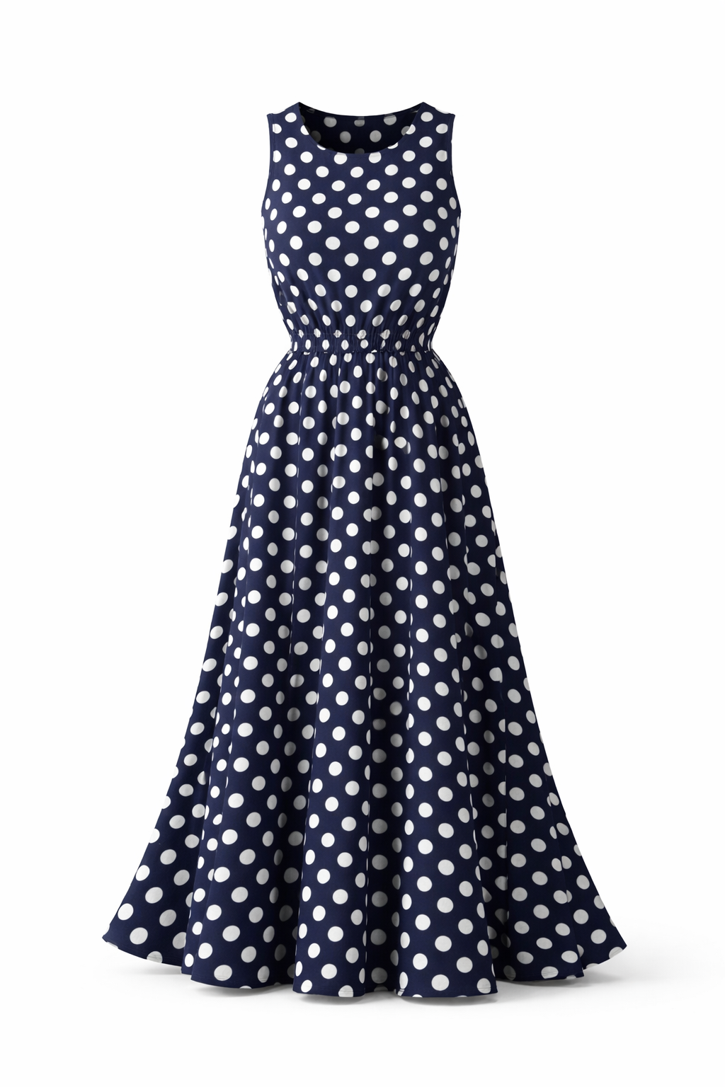 Abito donna a pois bianchi e neri, sofisticato e chic, perfetto per outfit estivi eleganti.
