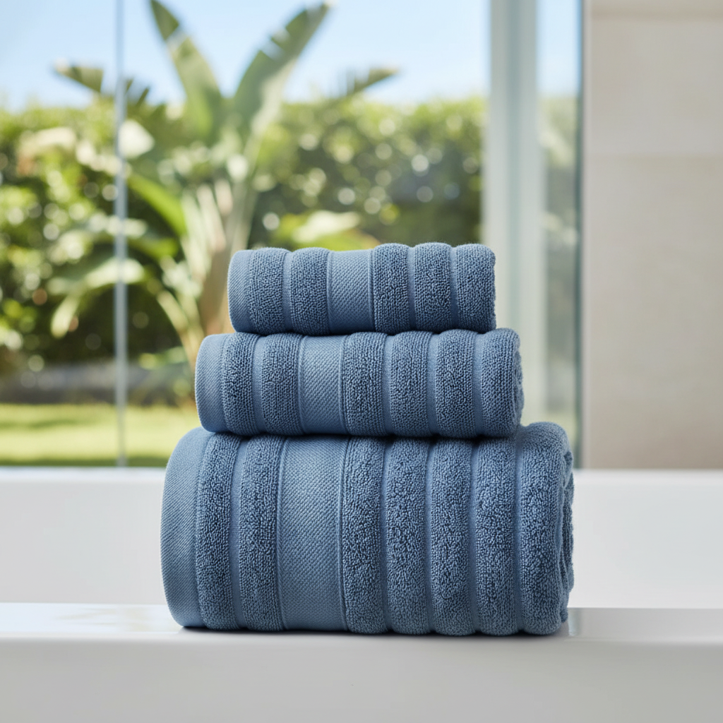 Set asciugamani bagno morbidi in spugna 100% cotone a righe, ideali per la tua biancheria casa.