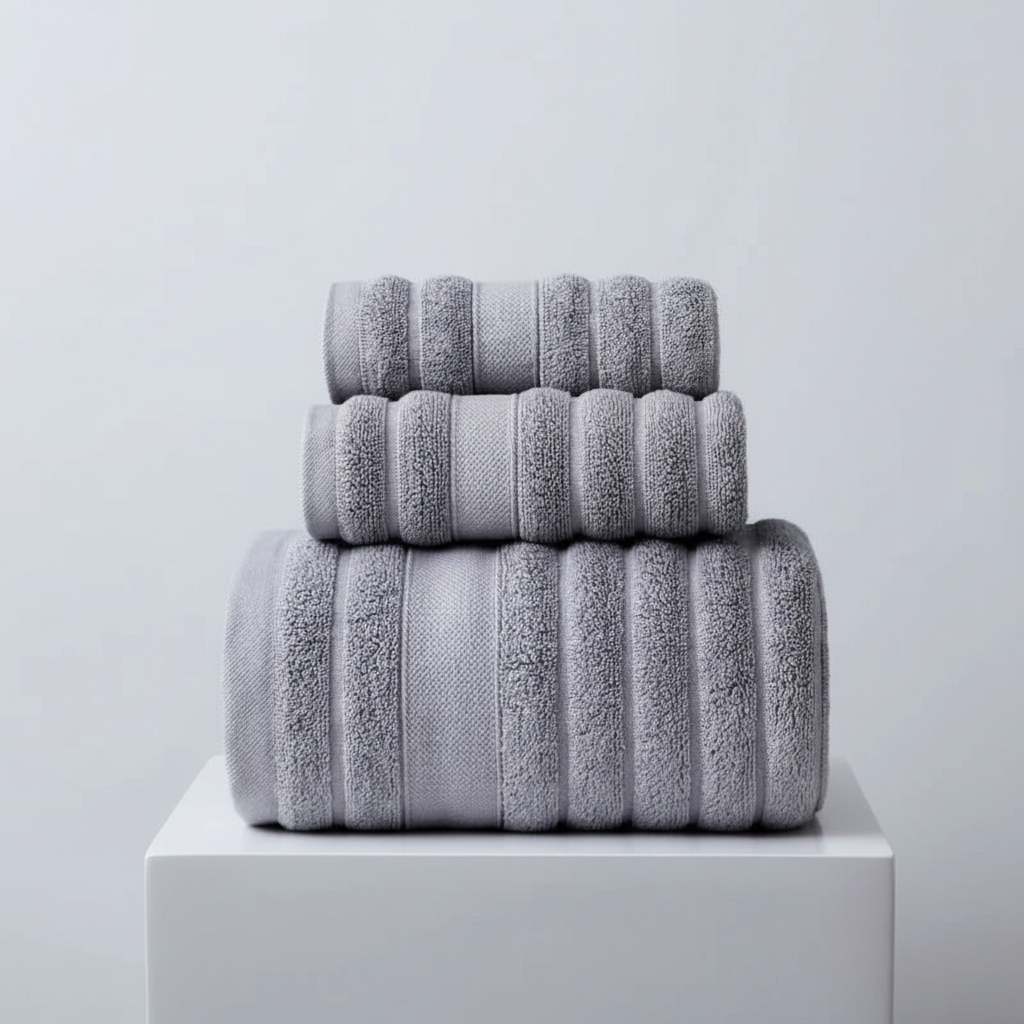 Lussuosi asciugamani da bagno a righe, set in spugna 100% cotone per il massimo comfort e assorbenza.