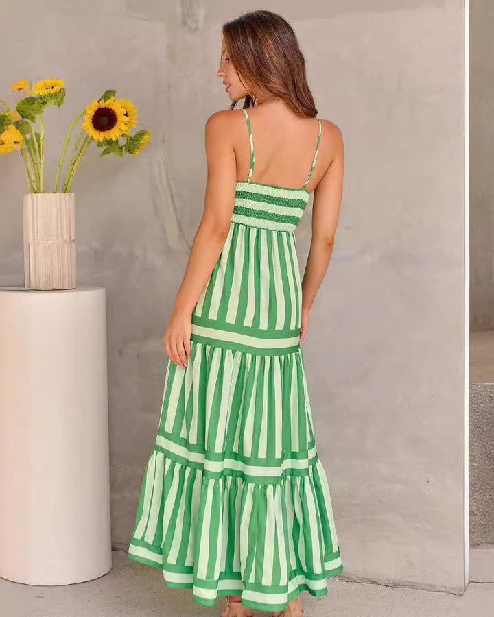 Vestito lungo estivo donna a righe, scollo quadrato, schiena scoperta e tasche. Ideale per la moda mare e vacanze.