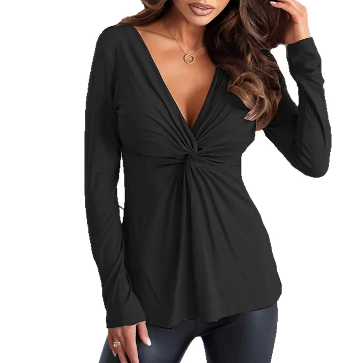 Blusa elegante rosso violaceo, donna, maniche lunghe, scollo a V. Moda versatile, fluido e confortevole.