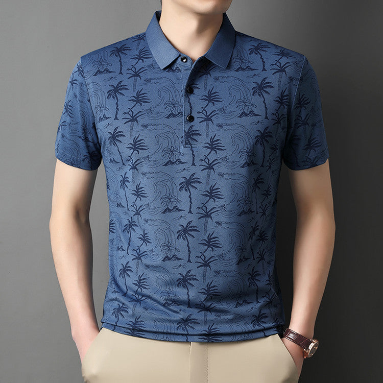 Abbigliamento estivo: polo uomo grigia con stampa floreale e maniche corte, vestibilità slim.