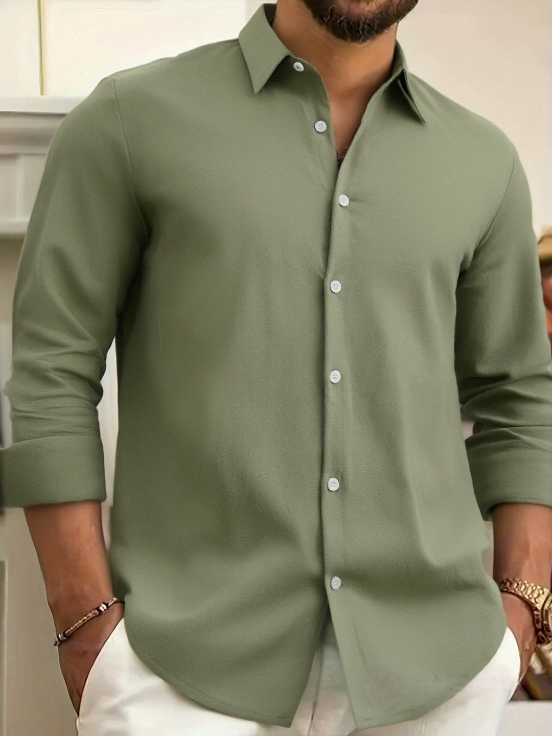 Camicia uomo a maniche lunghe per primavera e autunno, stile casual tinta unita, massima versatilità e comfort.