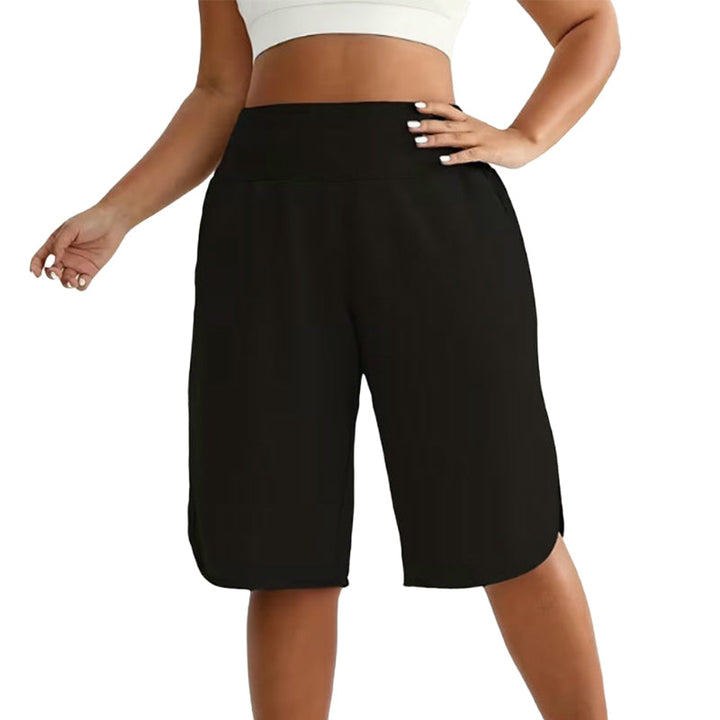 Pantaloni corti donna a vita alta al ginocchio, ideali per comfort estivo e stile casual versatile.
