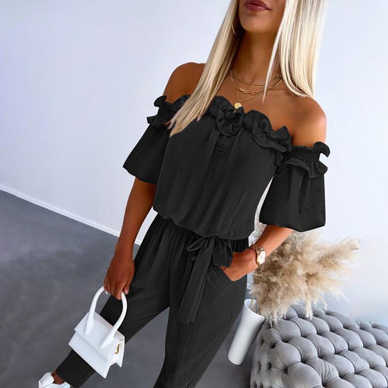 Jumpsuit donna elegante monospalla, con raffinati volant e cintura. Stile casual chic per primavera estate.
