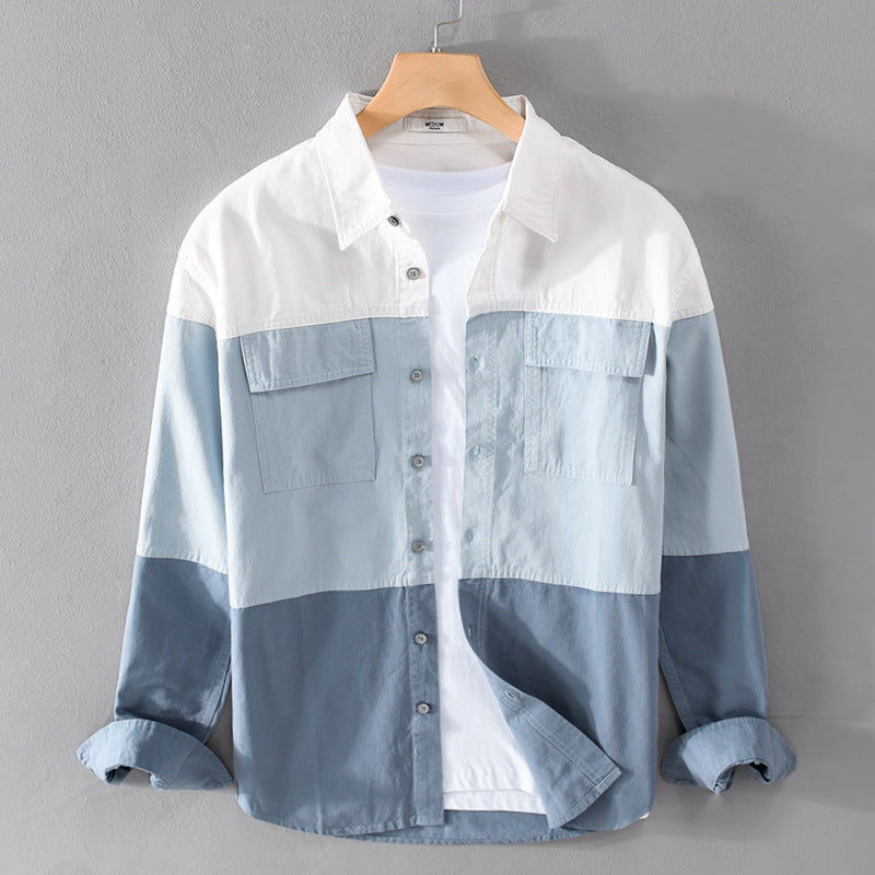 Camicia cardigan uomo a maniche lunghe, stile casual versatile per autunno e primavera, design con cuciture.