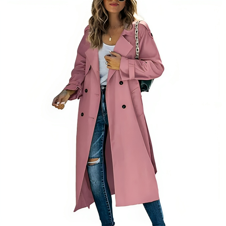 Trench lungo doppiopetto impermeabile da donna in khaki. Cappotto elegante e moderno perfetto per primavera/autunno.