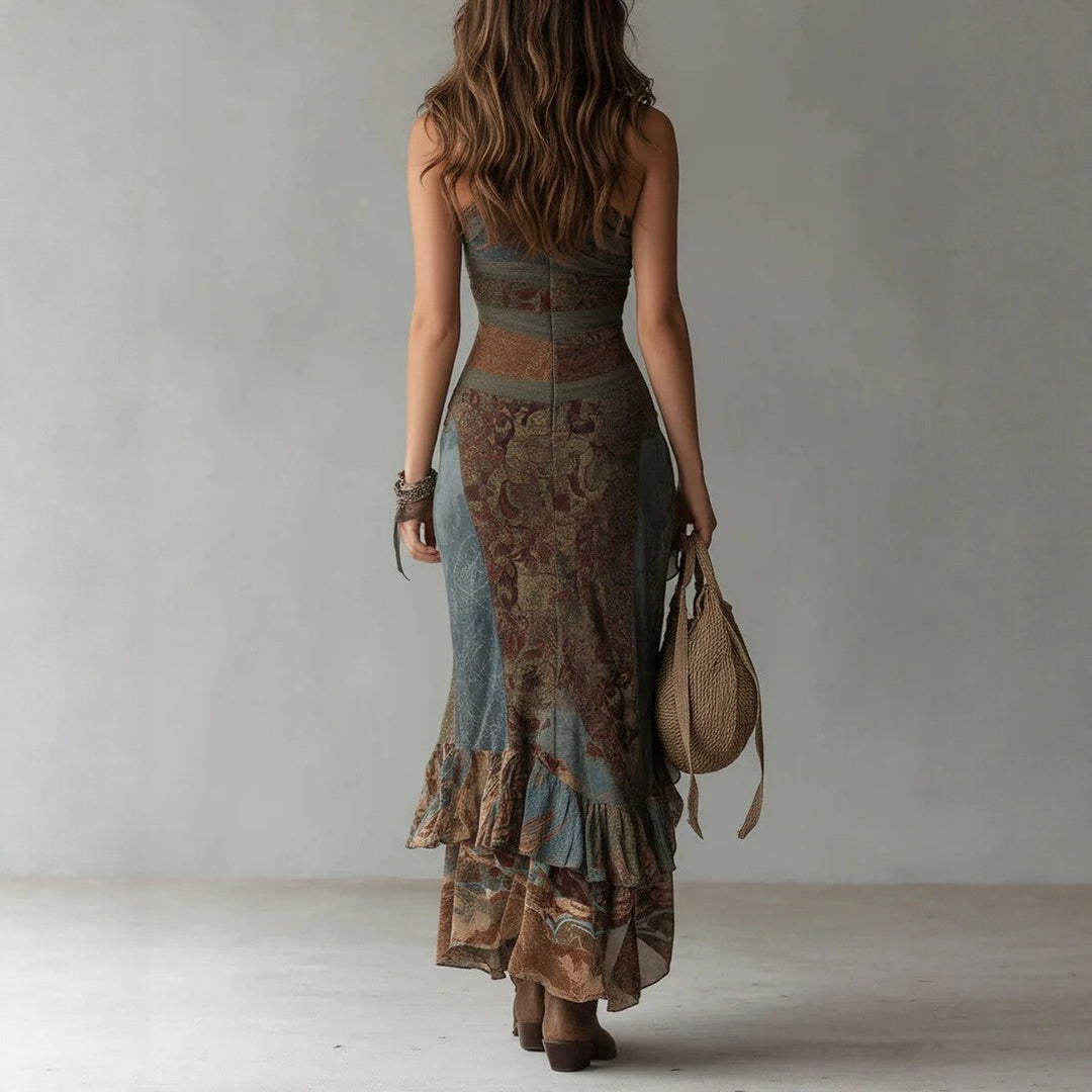 Elegante abito lungo da donna rétro asimmetrico, con patchwork distintivo, ideale per un look primaverile o estivo.