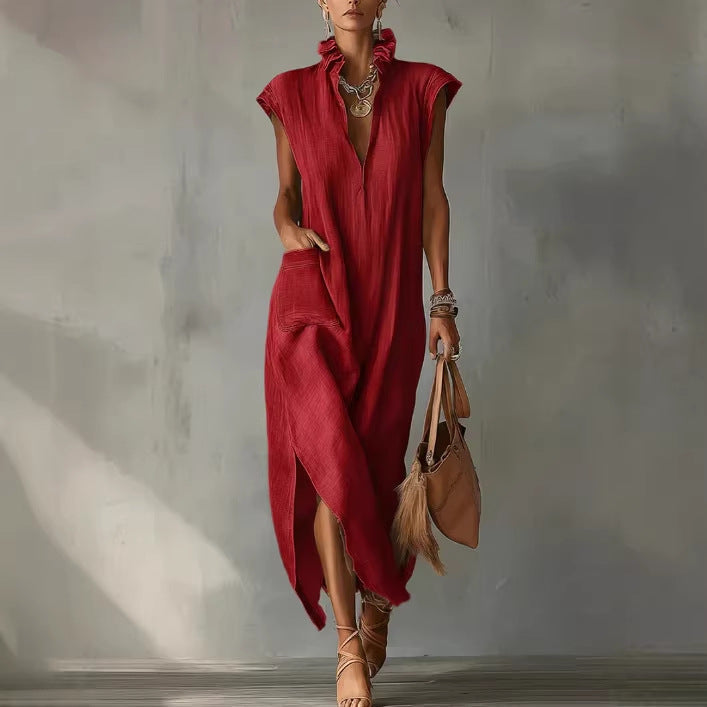 Abito estivo donna midi con design a camicia senza maniche. Versatile e comodo, perfetto per ogni occasione casual.