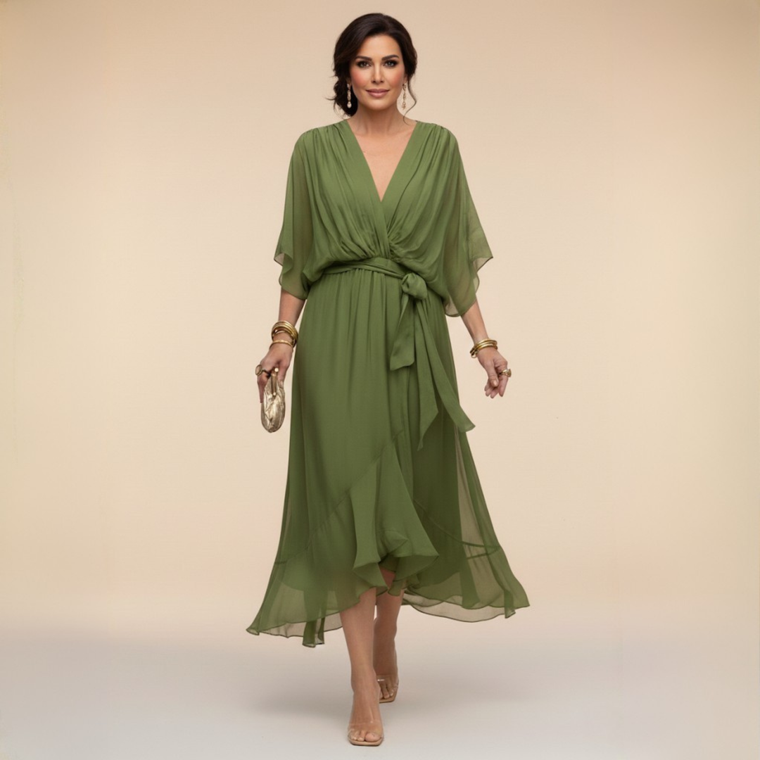 Abito midi elegante da donna con scollo a V e cintura. Ideale per ospite di nozze, cerimonia e autunno.