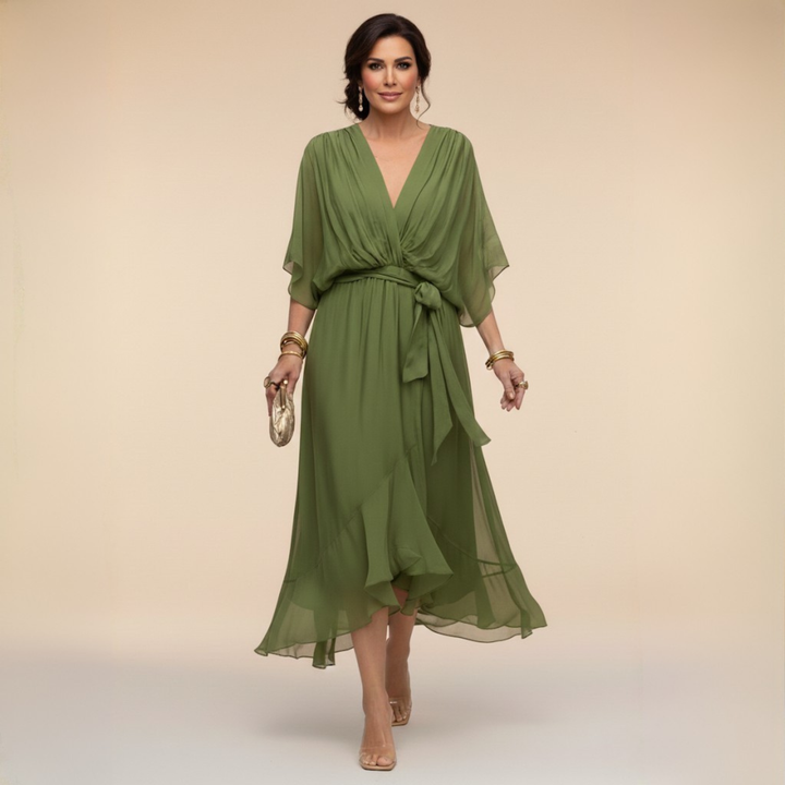 Abito midi elegante da donna con scollo a V e cintura. Ideale per ospite di nozze, cerimonia e autunno.