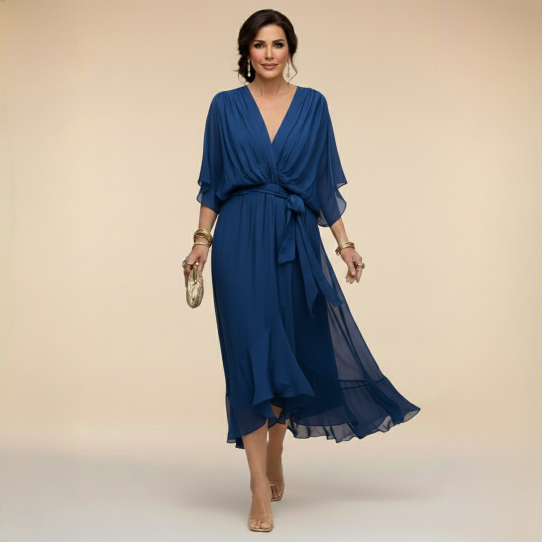 Abito da cerimonia midi donna, stile linea A, scollo a V e cintura. Ottimo per matrimonio autunnale.