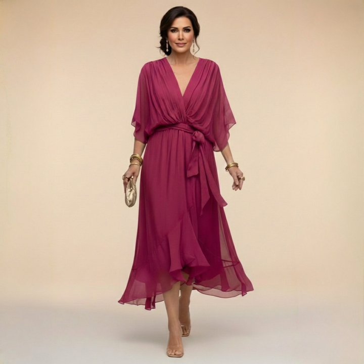 Elegante abito da sera midi per donna, con scollo a V profondo e cintura. Ideale per eventi formali.