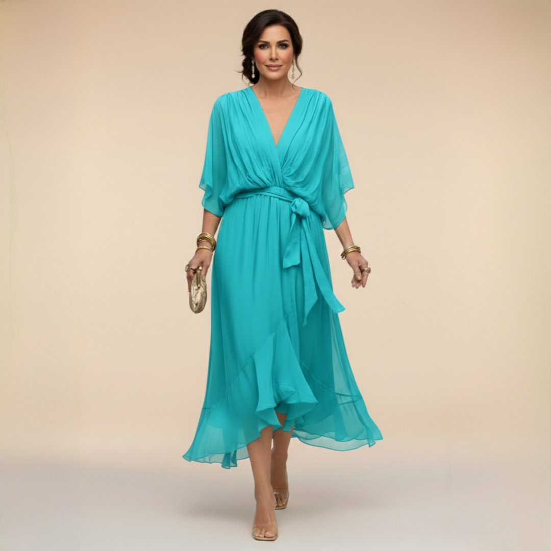 Vestito midi da donna per ospite di matrimonio, scollo a V e cintura. Look sofisticato e fluido.