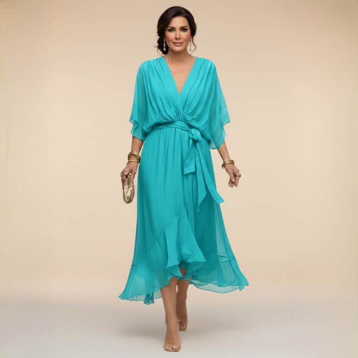 Vestito midi da donna per ospite di matrimonio, scollo a V e cintura. Look sofisticato e fluido.