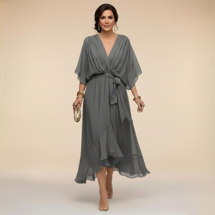 Abito midi donna elegante autunnale con scollo a V e cintura. Perfetto per cerimonie e serate speciali.