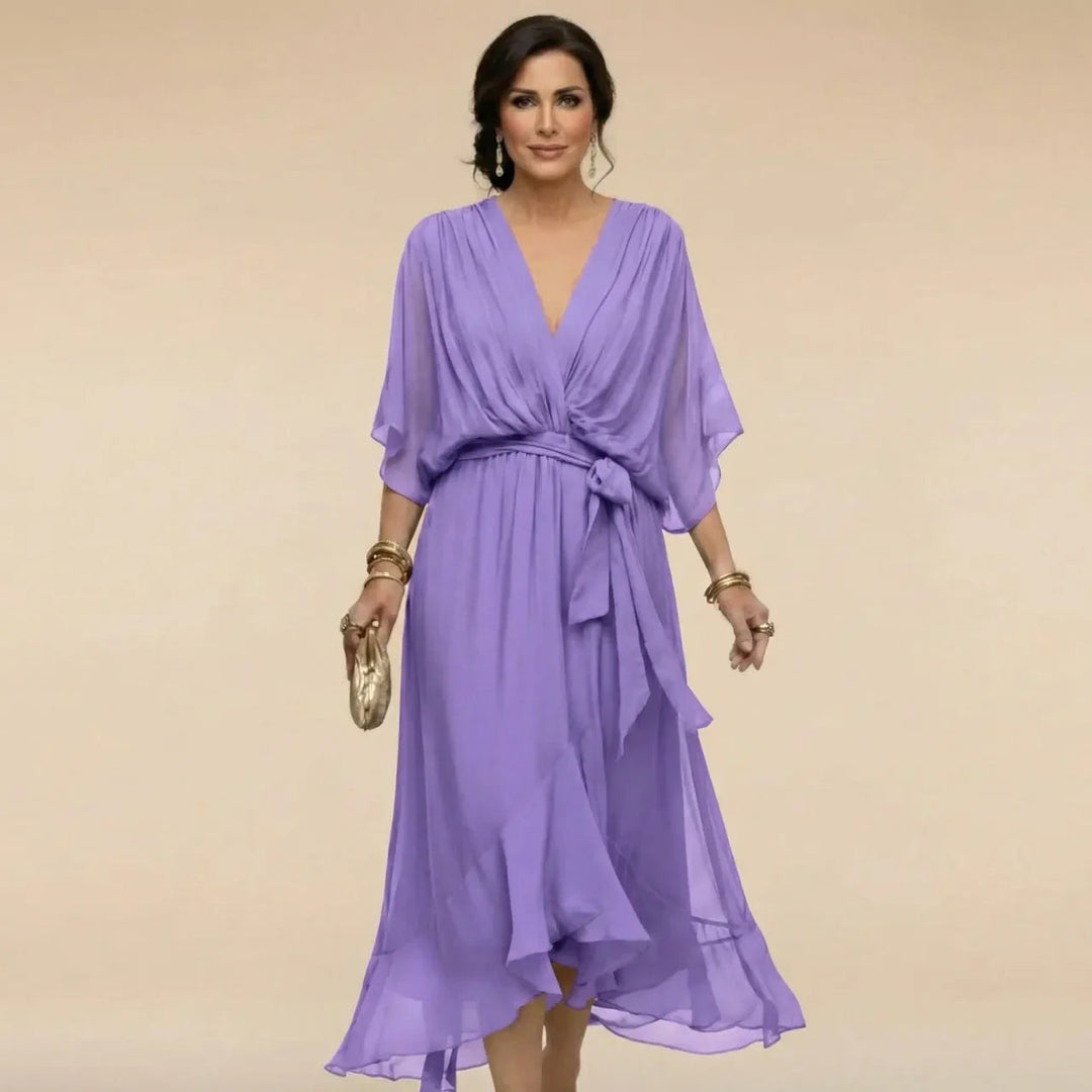 Abito midi da donna elegante con scollo a V e cintura, ideale come ospite di nozze. Perfetto per l'autunno.