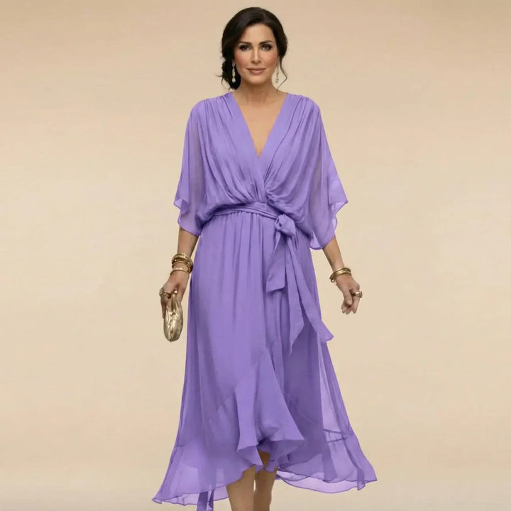 Abito midi da donna elegante con scollo a V e cintura, ideale come ospite di nozze. Perfetto per l'autunno.