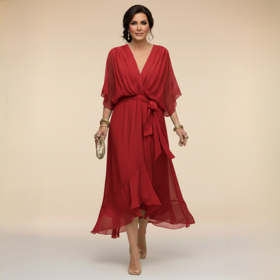 Vestito midi con scollo a V da donna, con cintura, per eventi speciali e serate eleganti. Stile A-line.
