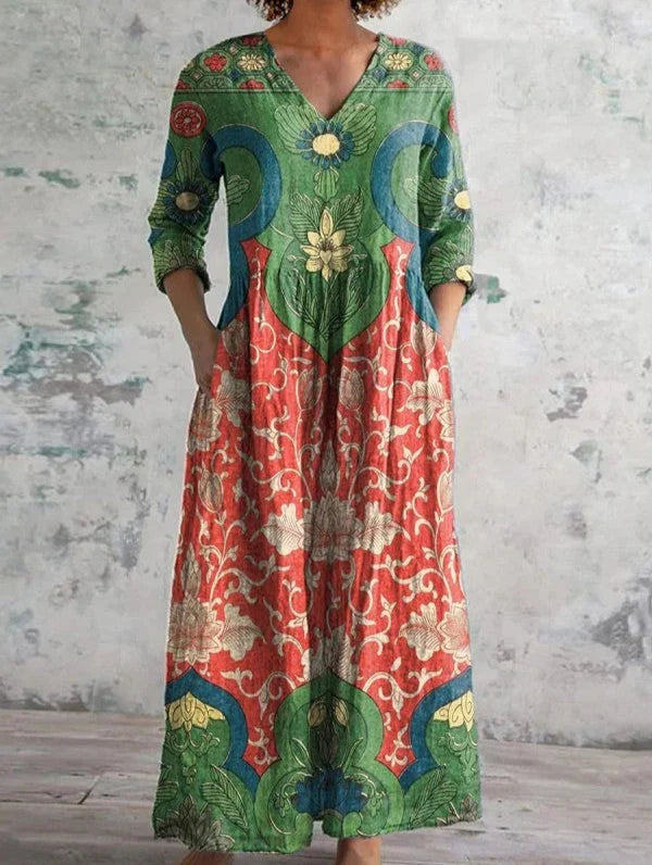 Vestito lungo donna A-line con stampa floreale, scollo a V, maniche a tre quarti e tasche. Ideale per cerimonie estive.