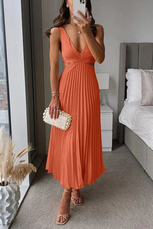 Vestito midi donna elegante scollo a V, pieghettato, perfetto per cerimonia autunnale e come abito invitata matrimonio.