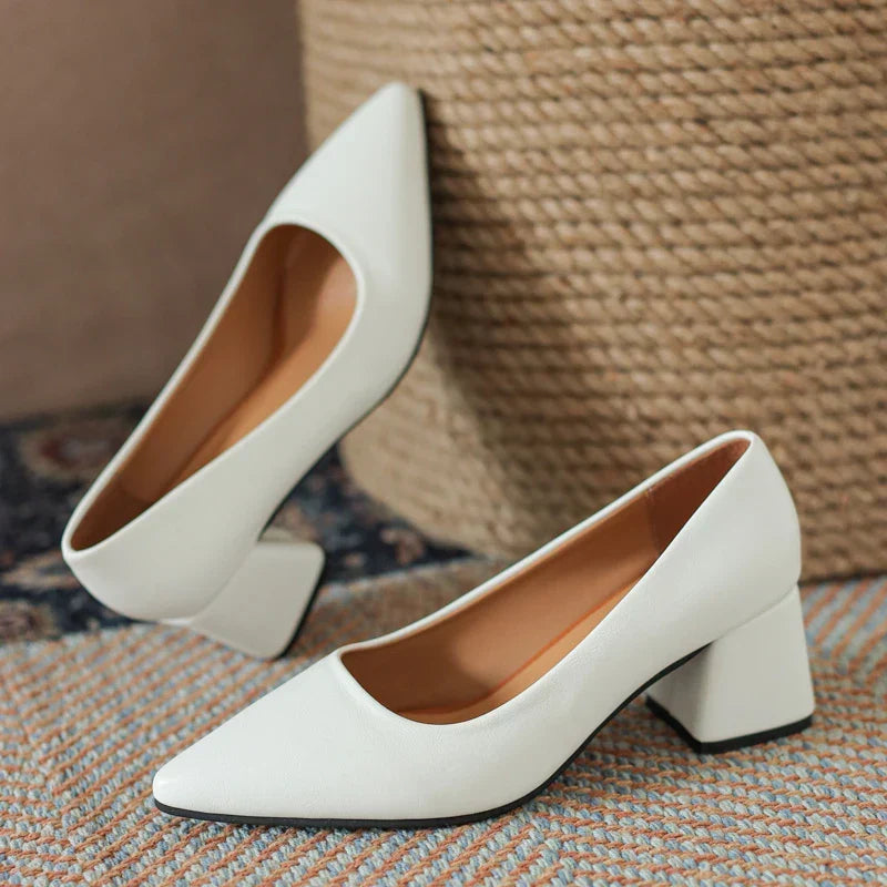 Tacchi donna con tacco a blocco e punta affusolata. Calzature eleganti per serate e ufficio.