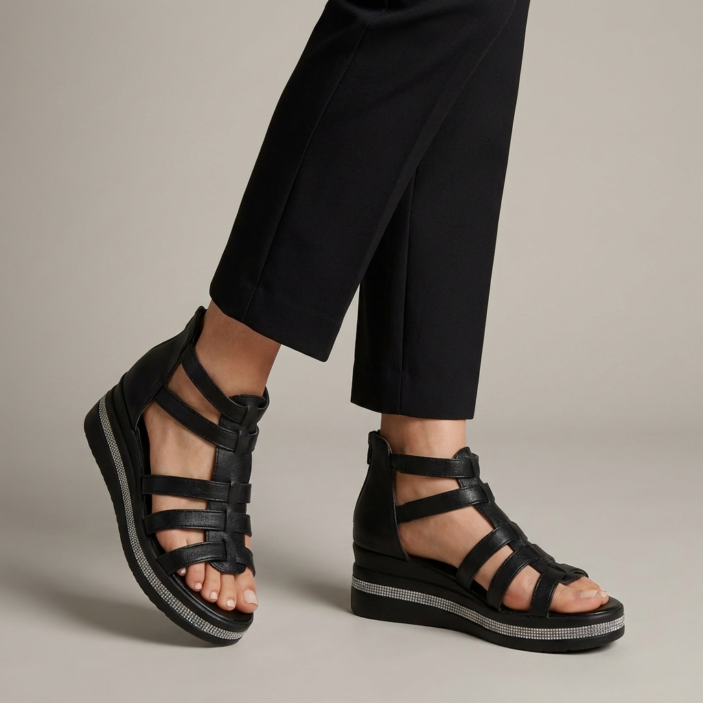 Sandali gladiatore donna neri con dettagli diamanté, suola ammortizzata per comfort estivo elegante.