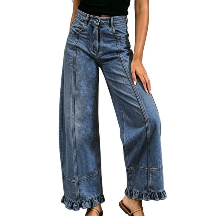 Jeans donna moderni vita alta gamba larga, perfetti per lo stile casual streetwear femminile.