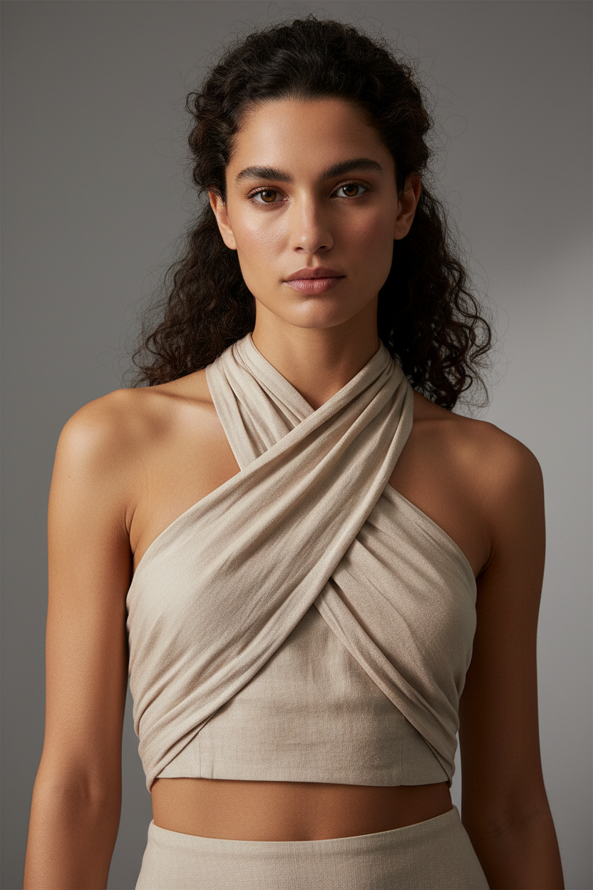 Top corto halter da donna beige aderente, perfetto per look estivi trendy e vacanze.