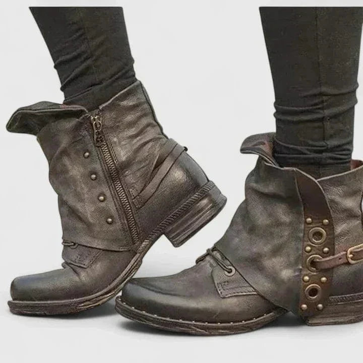 Scarpe da donna stivaletti effetto vintage, con fibbia chic e zip comoda, perfetti per l'inverno.