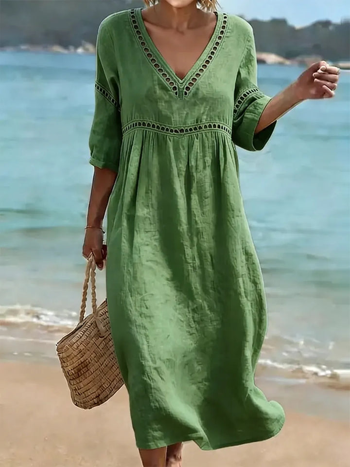 Abito estivo da donna in cotone con scollo a V, stile casual midi, ideale per primavera estate e vacanze.