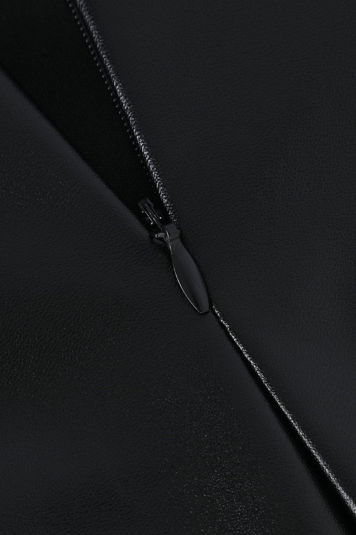 Gonna midi asimmetrica in pelle nera da donna, vita alta, ideale per ufficio chic o serate eleganti.