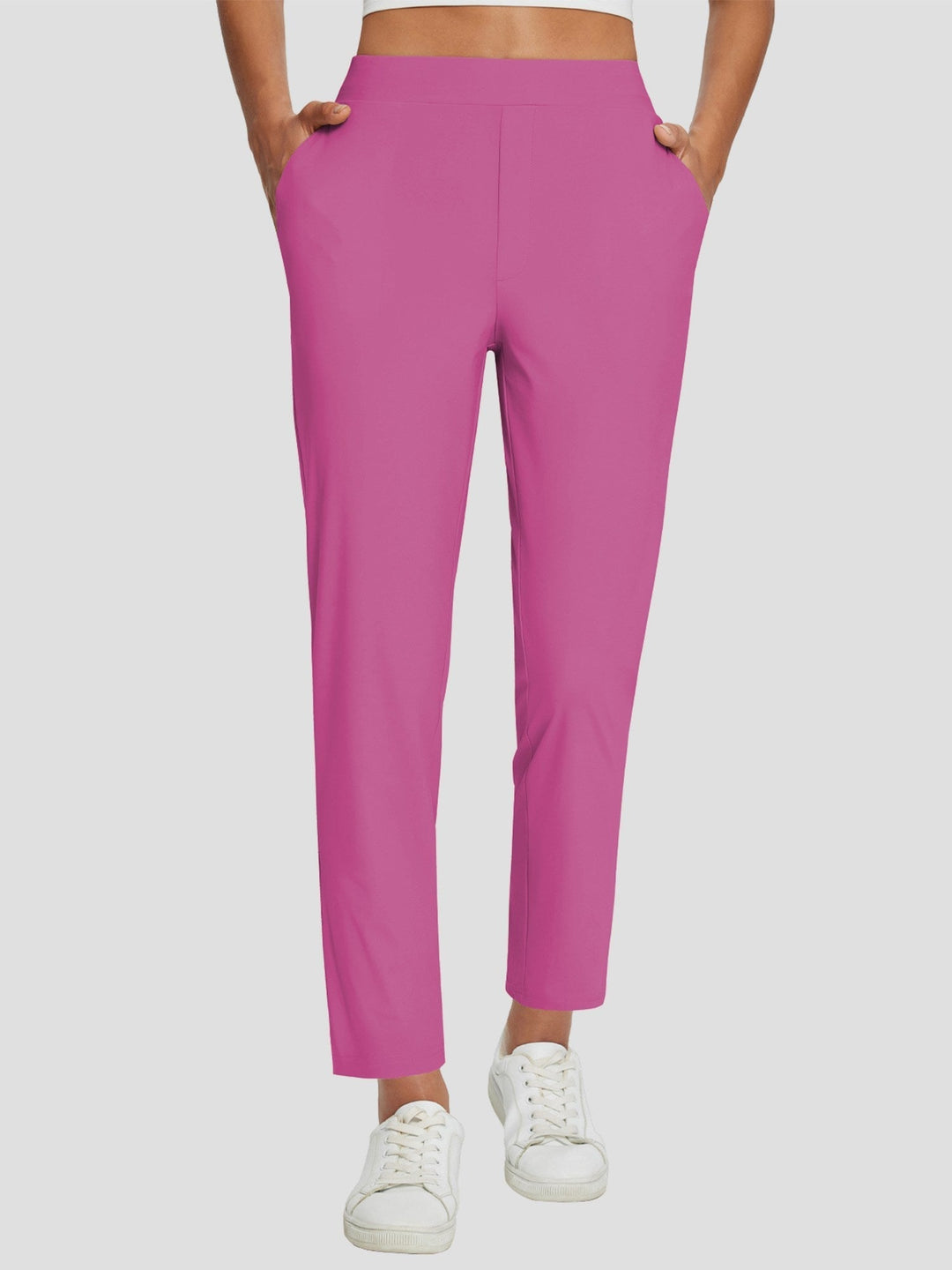 Eleganti pantaloni sportivi donna vita alta, spacco, UPF 50+, tasche. Per outdoor e tempo libero.