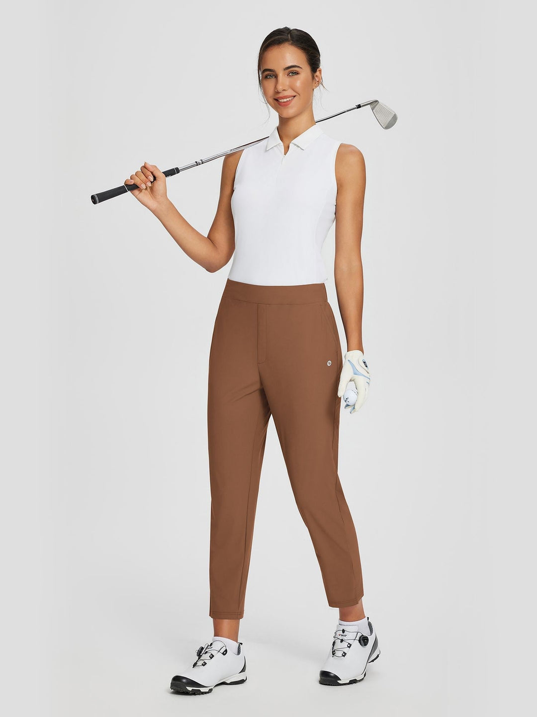 Pantaloni sportivi donna protezione UV, vita alta, spacco, tasche, comodi per l'outdoor.