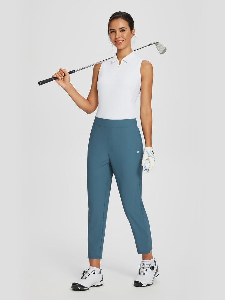 Pantaloni donna da viaggio UPF 50+, vita alta, spacco elegante, tasche con zip.