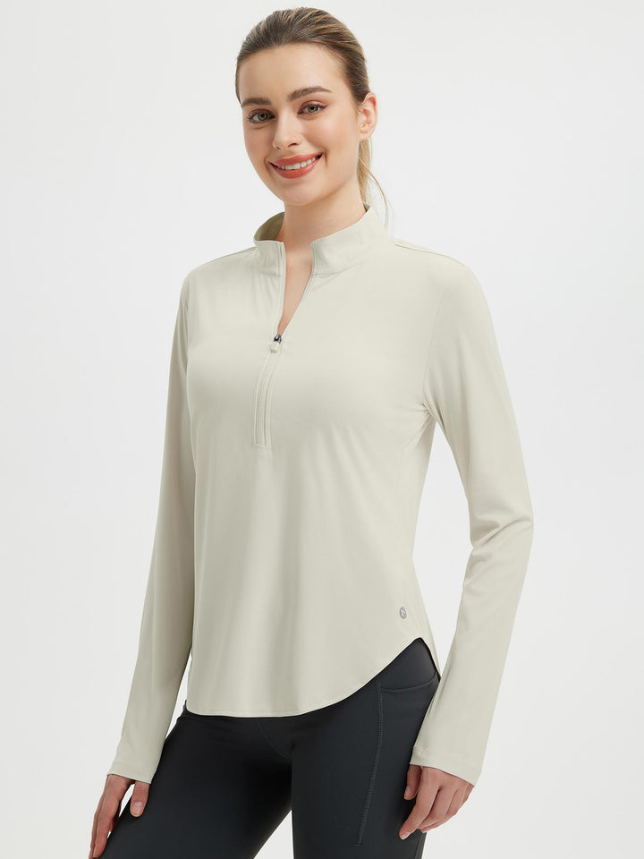 Maglia fitness donna con mezza zip e fori per i pollici, perfetta per allenamento e outdoor.